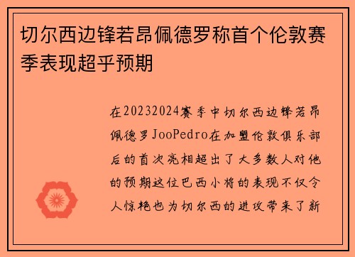 切尔西边锋若昂佩德罗称首个伦敦赛季表现超乎预期