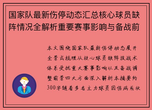国家队最新伤停动态汇总核心球员缺阵情况全解析重要赛事影响与备战前景